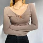Long-sleeve V-neck Cutout Plain Top