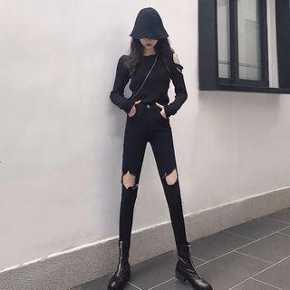 Ripped Slim-fit Pants / Long-sleeve Knit Top Set