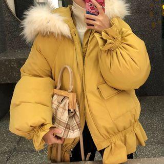 Furry-trim Zip Hooded Padded Jacket Yellow - One Size