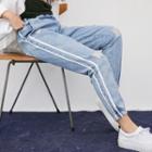 Cropped Distressed Piped Harem Jeans