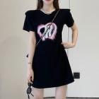 Short-sleeve Heart Print Mini A-line T-shirt Dress