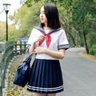 Set: Sailor Collar Short-sleeve Shirt + Pleated Skirt