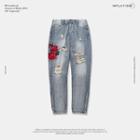 Zipper-hem Peony-embroidered Distressed Jeans