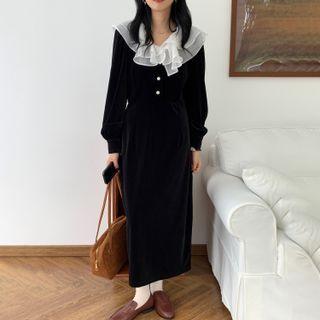 Long Sleeve Ruffle Trim Two Tone Velvet Dress