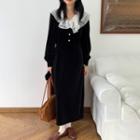 Long Sleeve Ruffle Trim Two Tone Velvet Dress