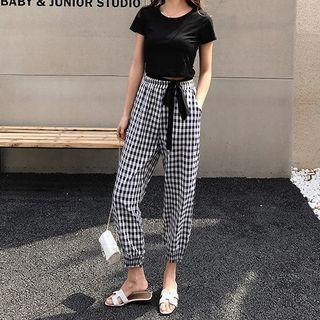 Set: Short-sleeve Top + Plaid Harem Pants
