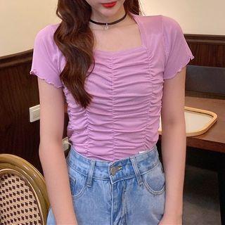 Plain Short-sleeve Shirred Knit Top