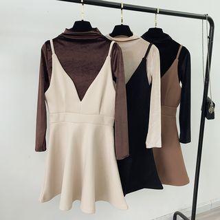 Set: Long-sleeve Mock-neck Velvet Top + Spaghetti Strap A-line Dress