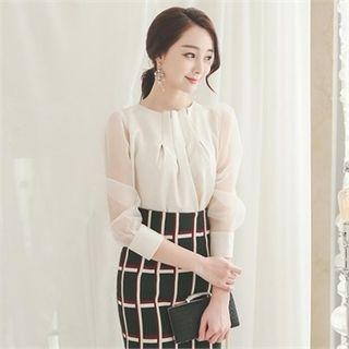 Sheer-sleeve Pintuck-detail Top