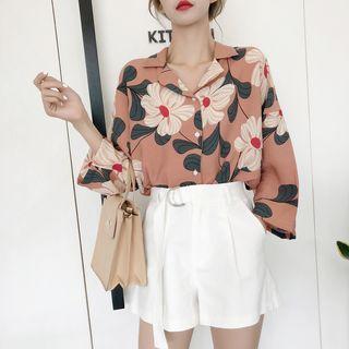 Leaf Print Notch Lapel Shirt Blue - One Size