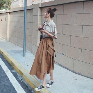 Elbow-sleeve Two-tone Midi A-line Shirtdress