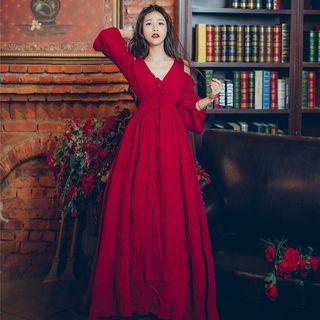 V-neck Cold Shoulder Long-sleeve A-line Maxi Dress