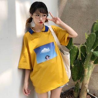 Elbow-sleeve Collared Printed Oversized Top