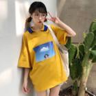 Elbow-sleeve Collared Printed Oversized Top