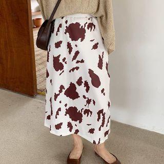 Cow Print Midi A-line Skirt White - One Size