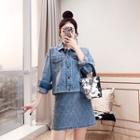 Set: Washed Denim Jacket + Mini A-line Denim Skirt