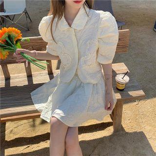 Puff-sleeve Plain Shirt / High-waist A-line Mini Skirt