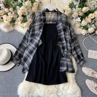 Set: Plaid Shirt + Strappy Sheath Dress Black - One Size