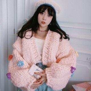 Chunky Knit Cardigan Cardigan - Flower - Red & Yellow & Pink - One Size