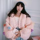 Chunky Knit Cardigan Cardigan - Flower - Red & Yellow & Pink - One Size