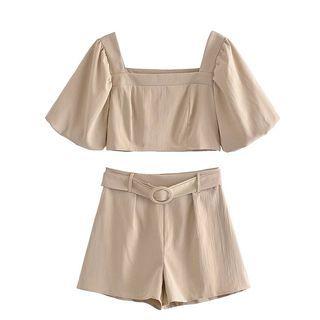 Set: Puff-sleeve Square Neck Cropped Blouse + Shorts