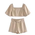 Set: Puff-sleeve Square Neck Cropped Blouse + Shorts