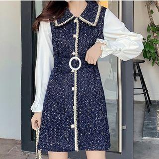 Belted Long-sleeve Tweed Panel Mini A-line Dress
