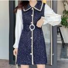 Belted Long-sleeve Tweed Panel Mini A-line Dress