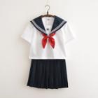 Set: Sailor Collar Short-sleeve Blouse + Pleated Mini Skirt