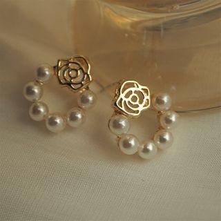 Alloy Rose Faux Pearl Hoop Earring 1 Pair - As Shown In Figure - One Size