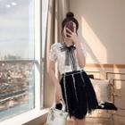 Set: Bow Accent Short-sleeve Blouse + Mesh A-line Skirt
