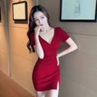 Short-sleeve V-neck Plain Mini Bodycon Dress