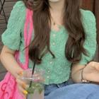 Short-sleeve V-neck Top Green - One Size