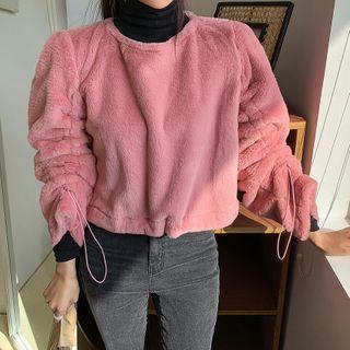 Drawstring-hem Faux-fur Top