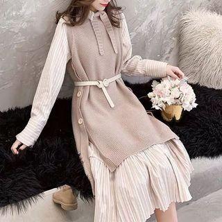 Set: Long-sleeve Striped Midi Pleated Dress + Sleeveless Knit Dress