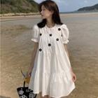 Puff-sleeve Flower Detail Mini Shift Dress White - One Size