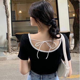 Short-sleeve Contrast Trim Open-back T-shirt Black - One Size