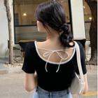 Short-sleeve Contrast Trim Open-back T-shirt Black - One Size