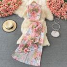 Set: Floral Print Sleeveless Top + Asymmetrical Slit Skirt