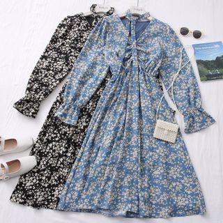 Floral Ruched Midi Dress With Sash