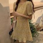 Flower Print Short-sleeve Mini A-line Dress Yellow - One Size