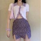 Short-sleeve Frill Trim Crop Top / Leopard Print Mini Fitted Skirt