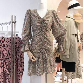 Flower Print Drawstring Long-sleeve Chiffon Dress