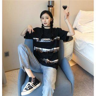 Short-sleeve Sequined Striped T-shirt