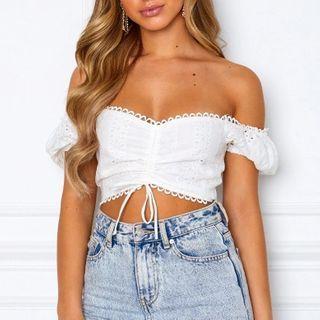 Embroidered Eyelet Drawstring Crop Top