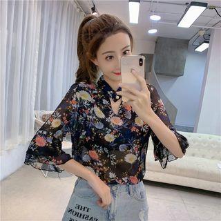 3/4-sleeve Ruffled Cuff Floral Blouse