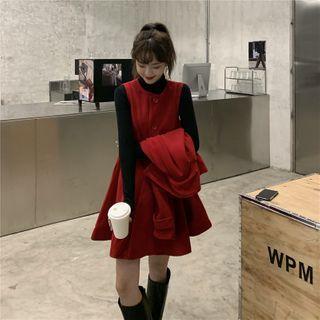 Set: Woolen Mini A-line Pinafore Dress + Jacket