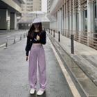 Plain Long-sleeve Top / High Waist Wide Leg Plain Pants