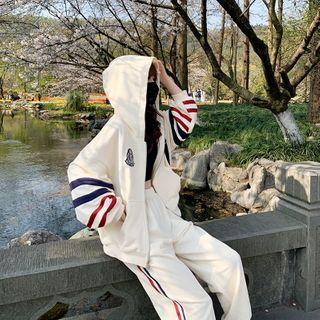 Set: Striped Trim Hooded Jacket + Sweatpants