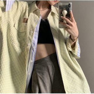 Long-sleeve Striped Panel Plaid Shirt Shirt - One Size